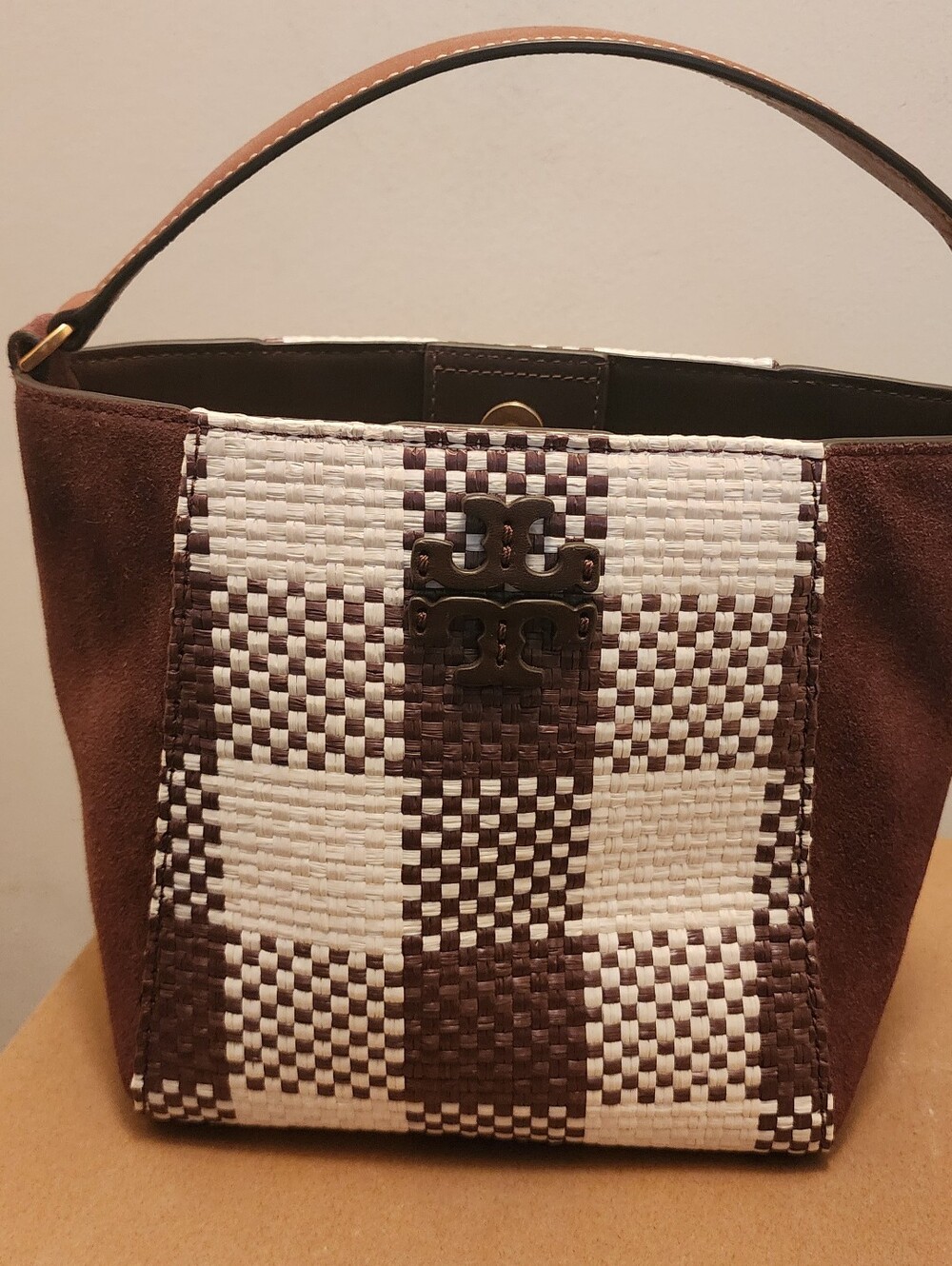 Tory Burch Brown & Cream Check Woven Suede Top-Handle Bag - Picture 1 of 3